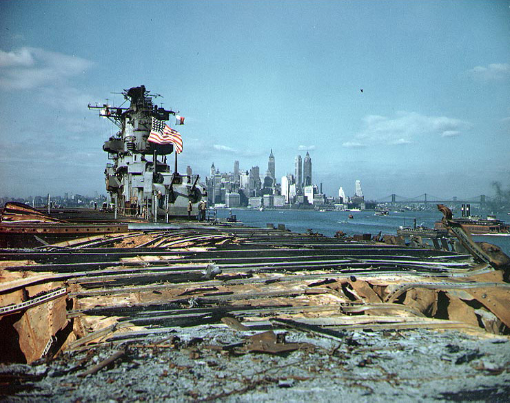 USS Franklin in New York Harbor, New York, United States, circa 28 Apr 1945; note Manhattan skyline in background