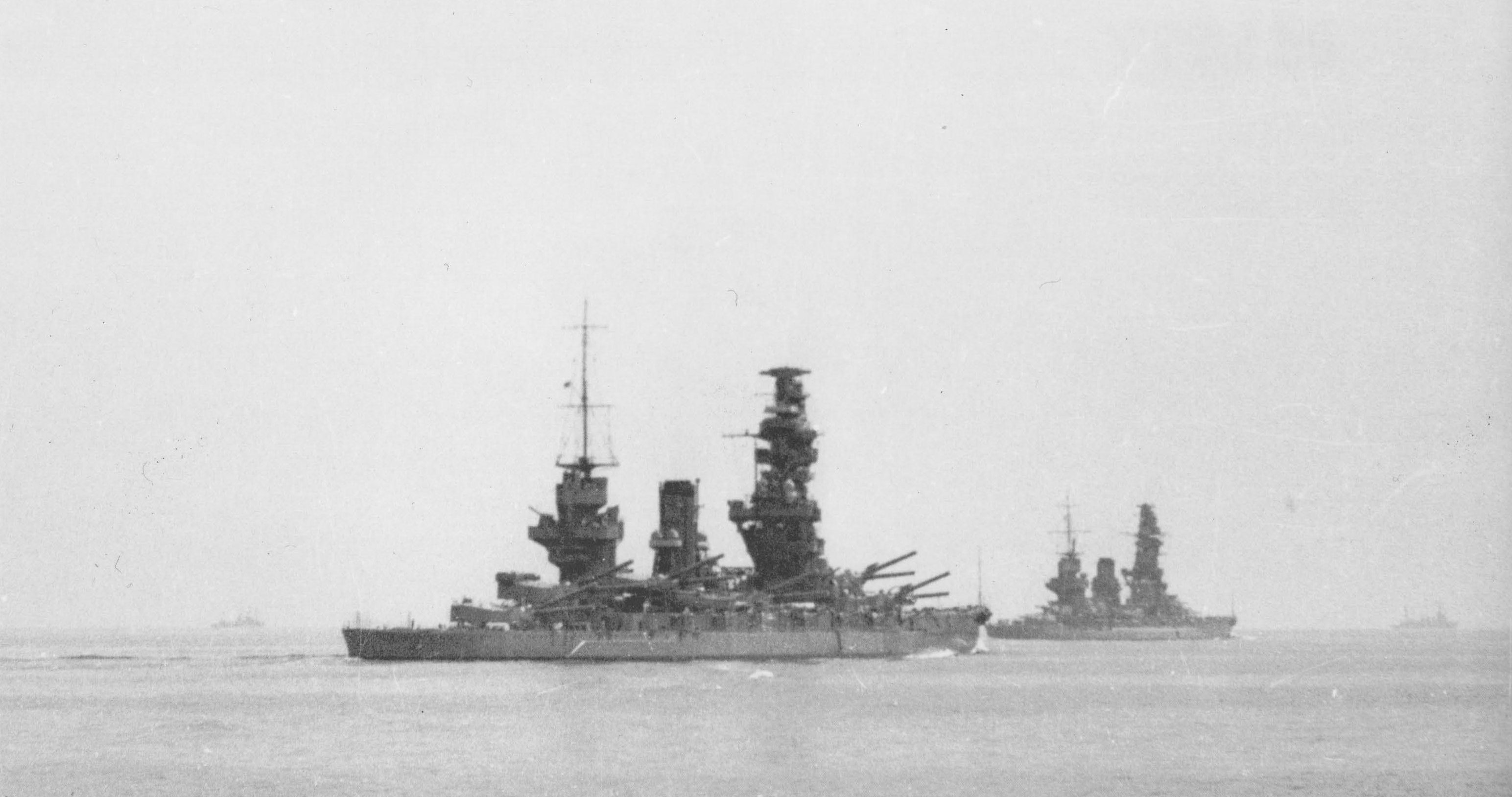 Battleships Fuso (foreground) and Yamashiro (background) off Aburaiyawan in Japan during maneuvers, Mar-May 1935
