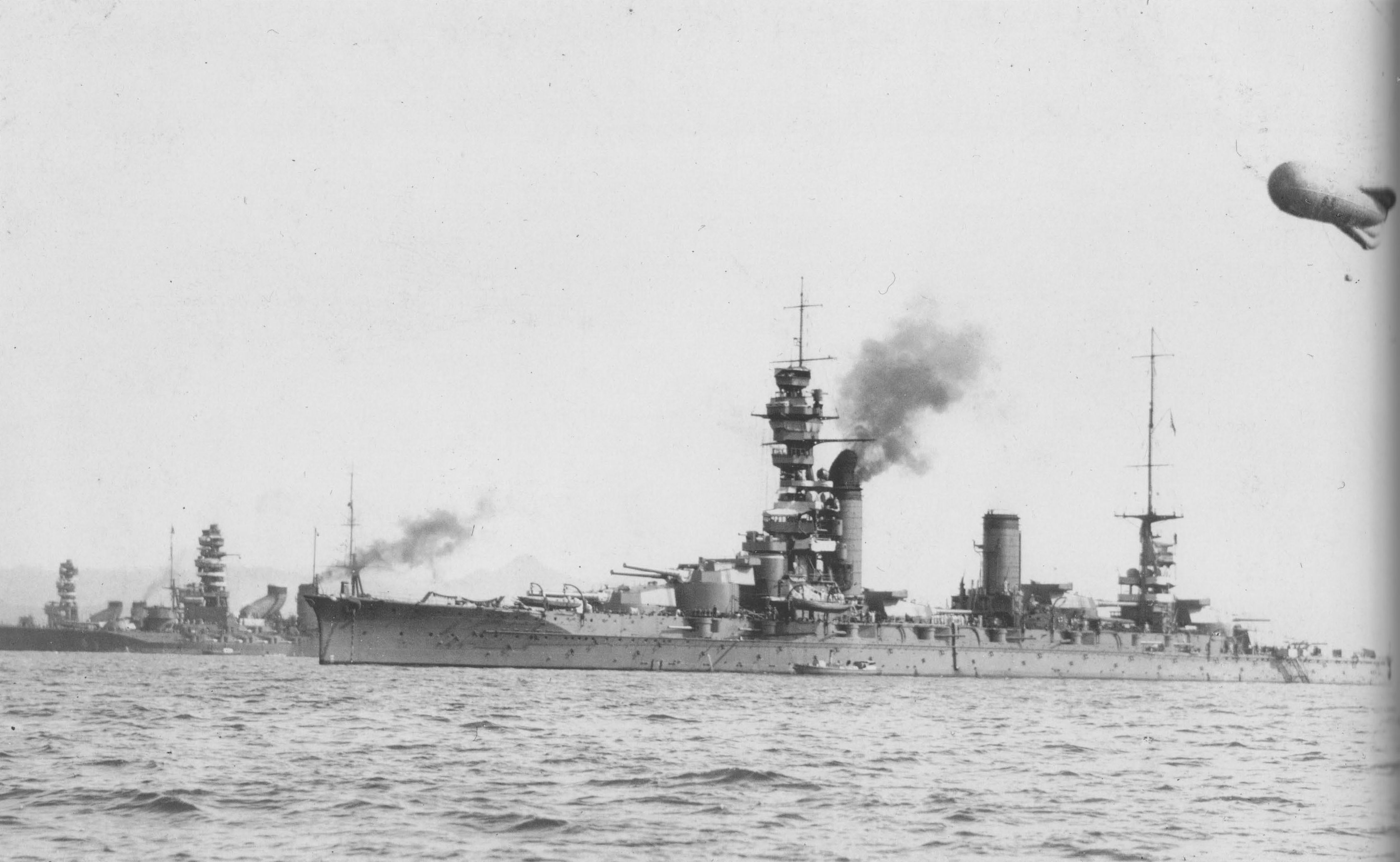 Japanese battleships Fuso (foreground), Nagato (center), and Mutsu (background) at Mitajiri, Japan, 1928