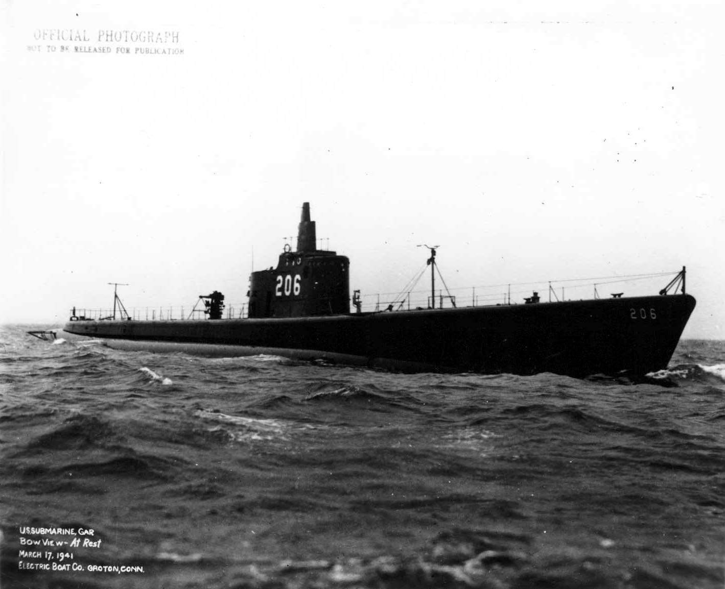 Bow view of submarine Gar, Groton, Connecticut, United States, 17 Mar 1941