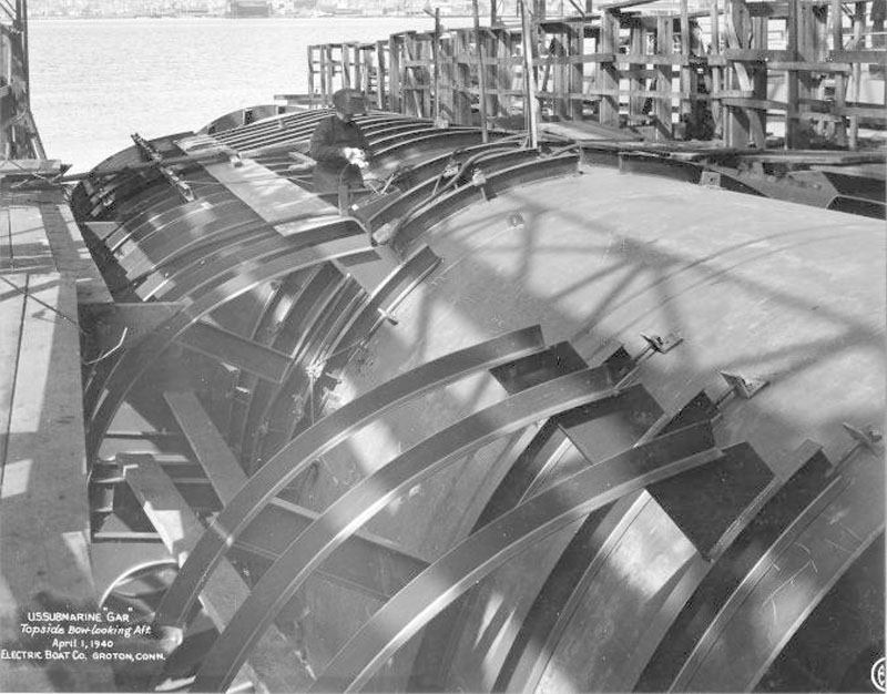 Submarine Gar under construction, Groton, Connecticut, United States, 1 Apr 1940, photo 1 of 2; topside bow view looking aft