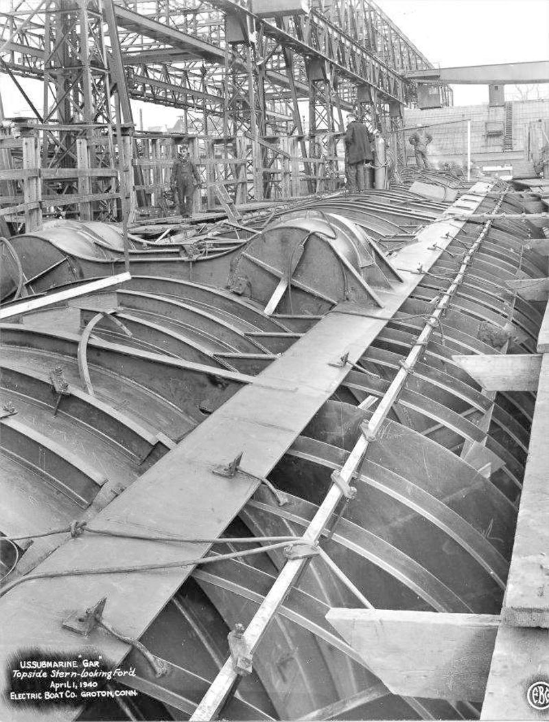 Submarine Gar under construction, Groton, Connecticut, United States, 1 Apr 1940, photo 2 of 2; topside stern view looking forward