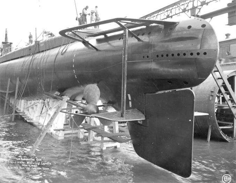 Submarine Gar in her cradle on launch day, showing her stern section, Groton, Connecticut, United States, 7 Nov 1940