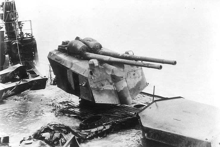 Admiral Graf Spee's Number Two 10.5cm/65 twin anti-aircraft gun mount, port side, amidships, 2 Feb 1940