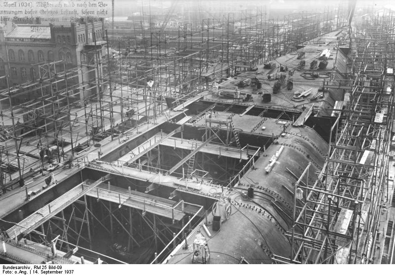 German carrier hull Flugzeugträger A (future Graf Zeppelin) under construction, Kiel, Germany, 22 Mar 1937, photo 7 of 9