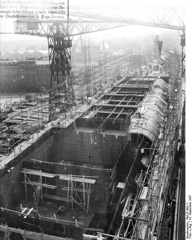 German carrier hull Flugzeugträger A (future Graf Zeppelin) under construction, Kiel, Germany, 22 Mar 1937, photo 9 of 9