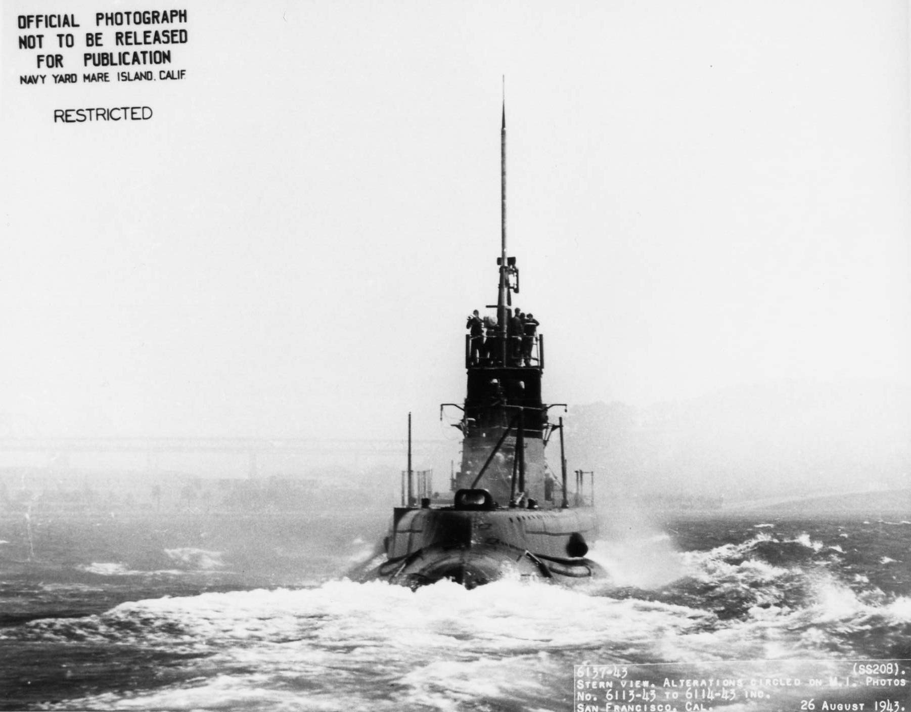 Stern view of USS Grayback off Hunter's Point, San Francisco, California, United States, 26 Aug 1943