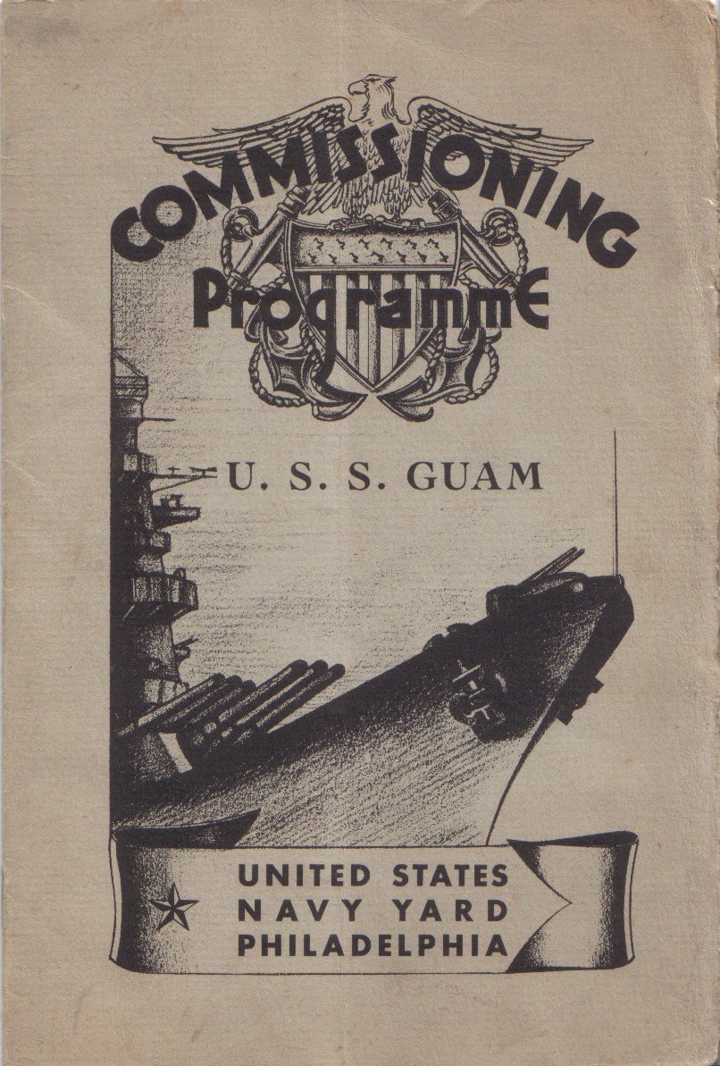 Cover page of the program to USS Guam's commissioning ceremony, 17 Sep 1944