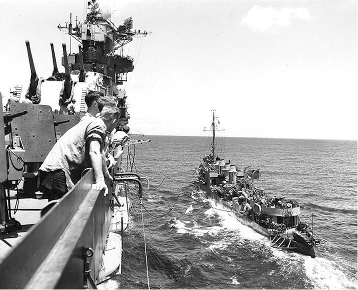 USS Bainbridge refueling from USS Hancock in the Atlantic Ocean, 14 Jun 1944