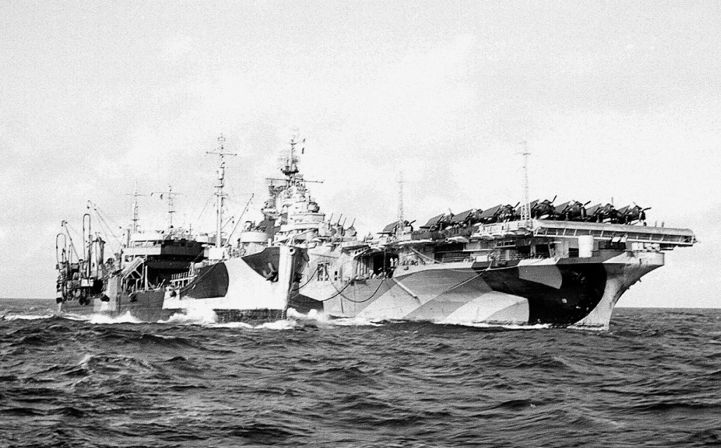 USS Hancock being refueled, Pacific Ocean, 25 Oct 1944