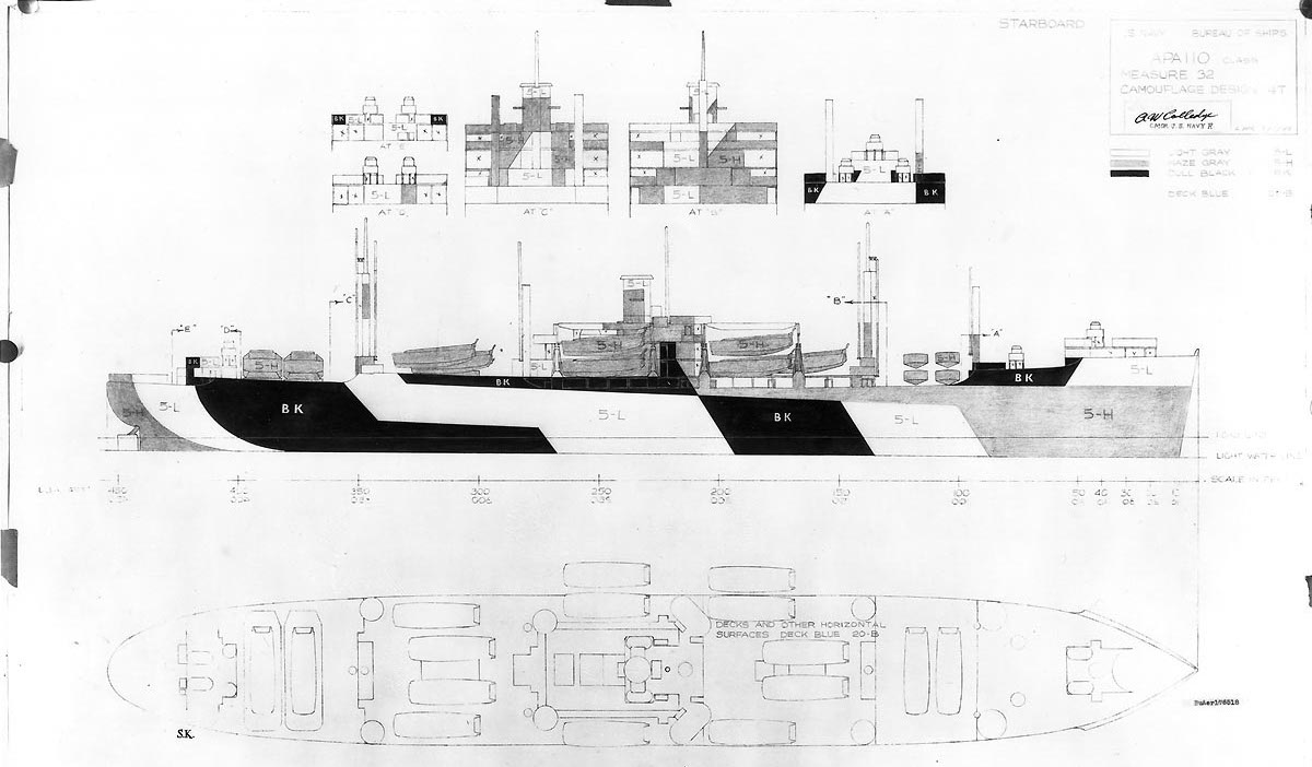 Drawing of Camouflage Scheme M32/4T applied to the Haskell-class attack transports, 1 of 2