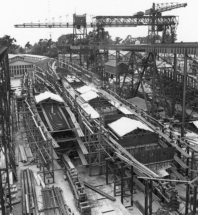 Submarine Pompano and destroyer Henley under construction at the Mare Island Navy Yard, California, United States, 16 Apr 1936