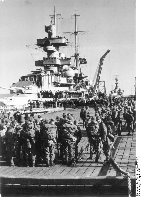 Heavy cruiser Admiral Hipper embarking German troops for the invasion of Norway, 6 Apr 1940