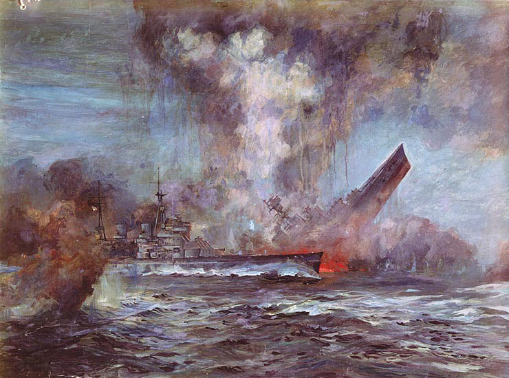 Painting by J. C. Schmitz-Westerholt depicting Hood's loss on 24 May 1941; Prince of Wales is in the foreground