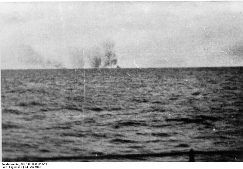 A smoke cloud hanging over HMS Hood immediately after an explosion, Battle of Denmark Strait, 24 May 1941