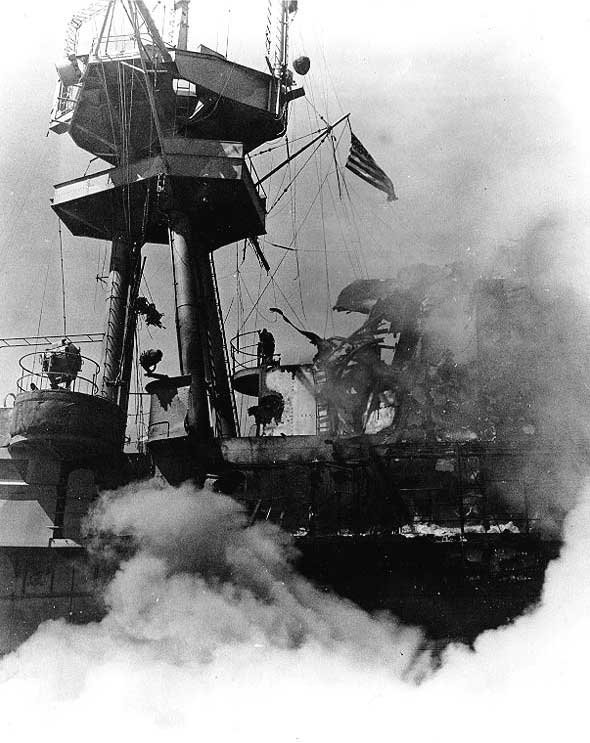 Damage to Hornet's smokestack and signal bridge at Battle of Santa Cruz Islands, 26 Oct 1942