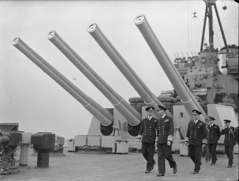 King George VI aboard HMS Howe with Captain C. H. L. Woodhouse and Admiral John Tovey, Scapa Flow, Scotland, United Kingdom, date unknown