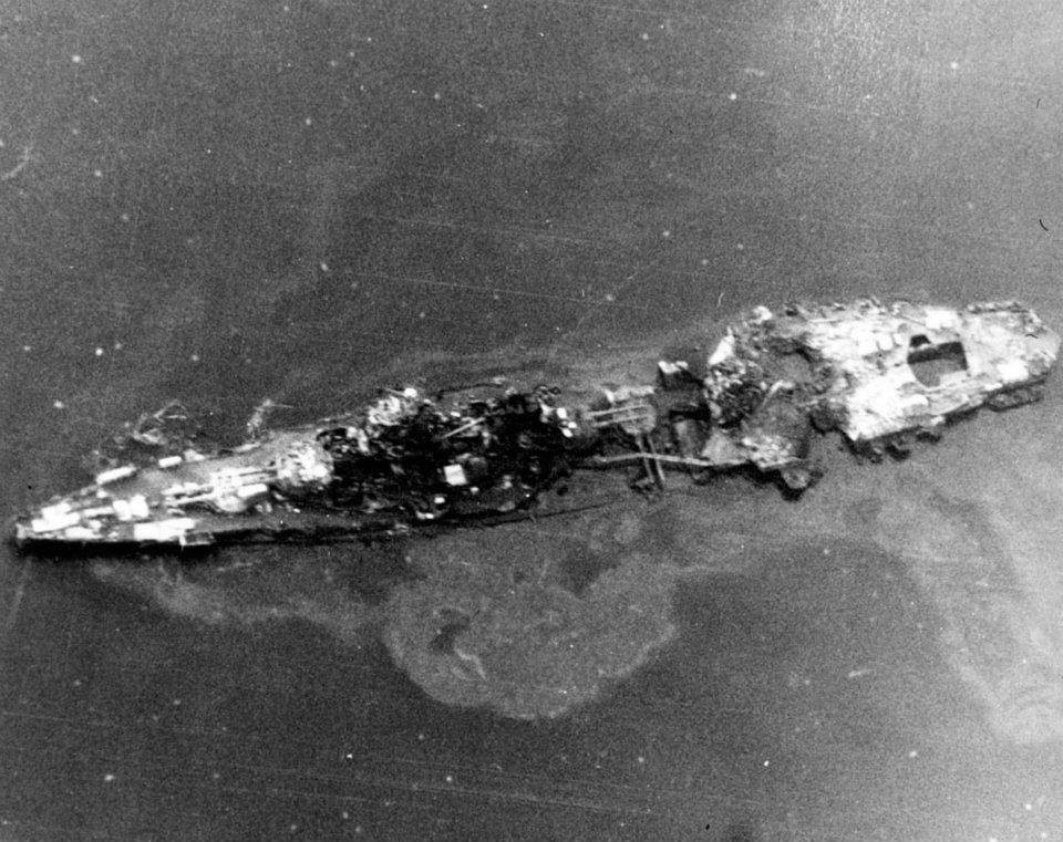 Hyuga sunken in shallow water, near Kure, Japan, Jul-Aug 1945