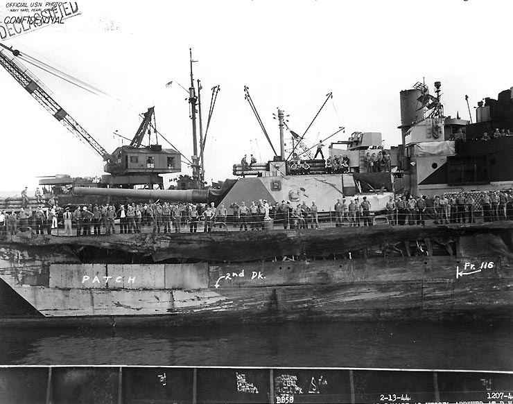 Battleship Indiana at Pearl Harbor Navy Yard, US Territory of Hawaii, 13 Feb 1944, photo 3 of 4; note damage from collision with Washington