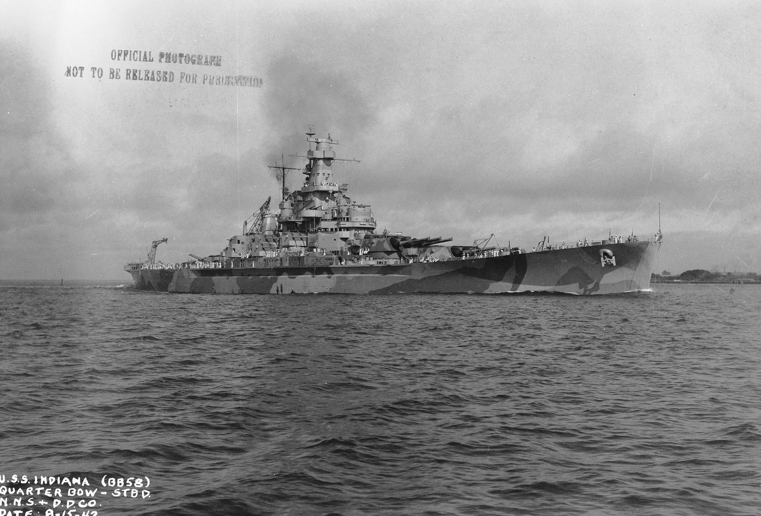 US battleship Indiana off Norfolk, Virginia, United States, 15 Aug 1942