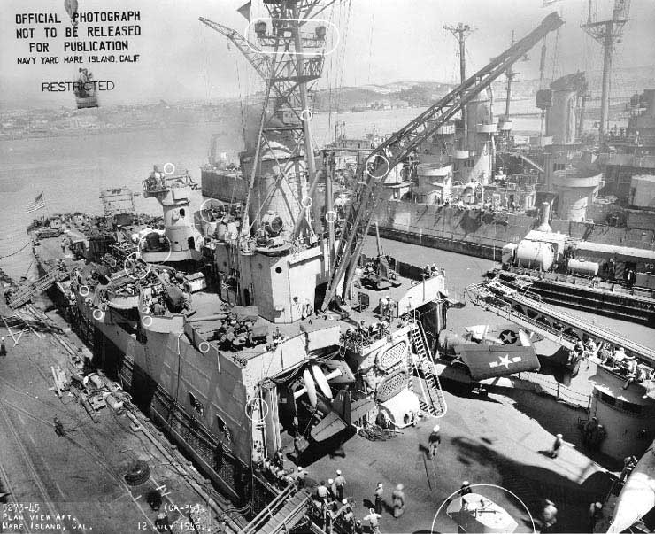 Indianapolis at Mare Island Navy Yard, CA, for upgrades, 12 Jul 1945, photo 4 of 4