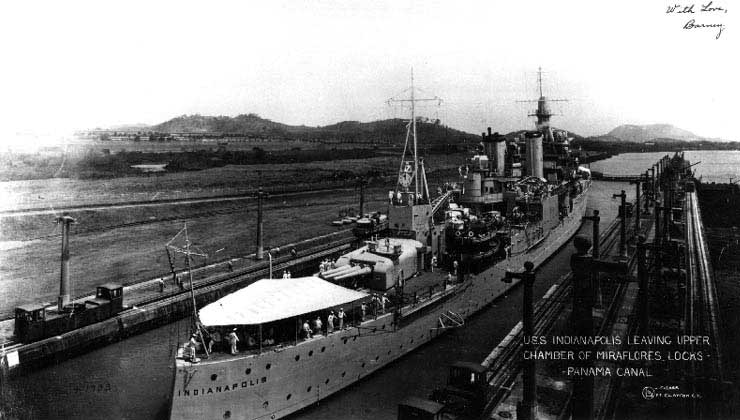Indianapolis leaving the upper chamber of the Miraflores Locks, Panama Canal, 4 Mar 1933
