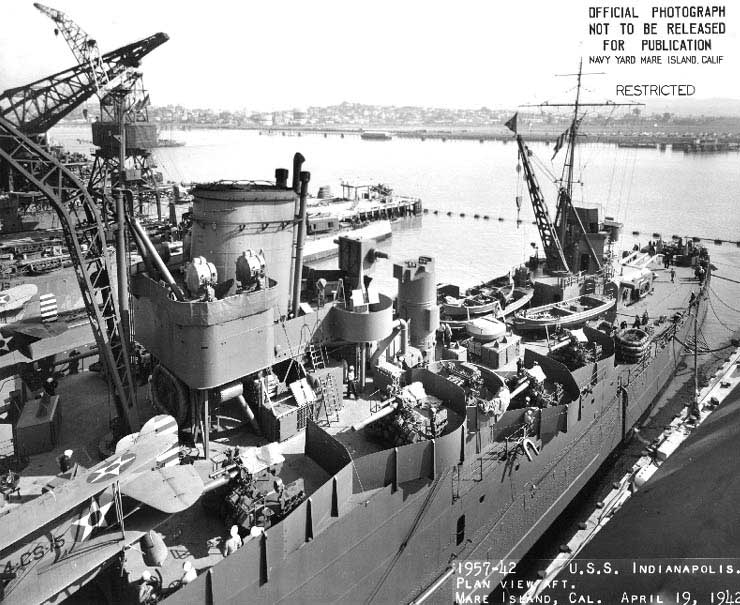 [Photo] Indianapolis at Mare Island Navy Yard, California, view of her ...