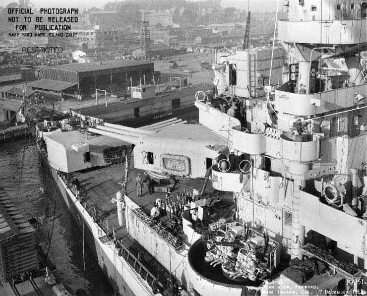 View of Indianapolis' forward superstructure and 8in/55 triple gun turrets from off the port side, Mare Island Navy Yard, 7 Dec 1944