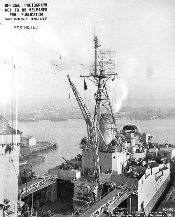 View of Indianapolis' her port after half, Mare Island Navy Yard, 7 Dec 1944