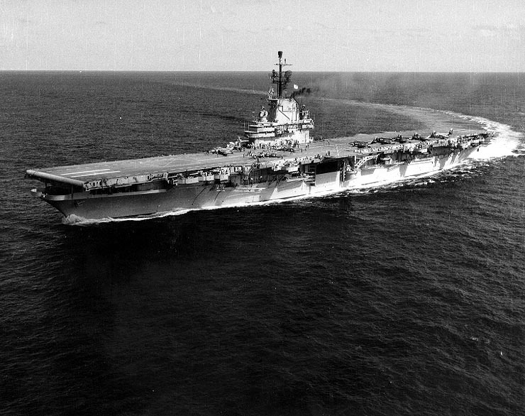 USS Intrepid off Guantanamo Bay, Cuba, 9 Feb 1955; note F2H Banshee aircraft on flight deck