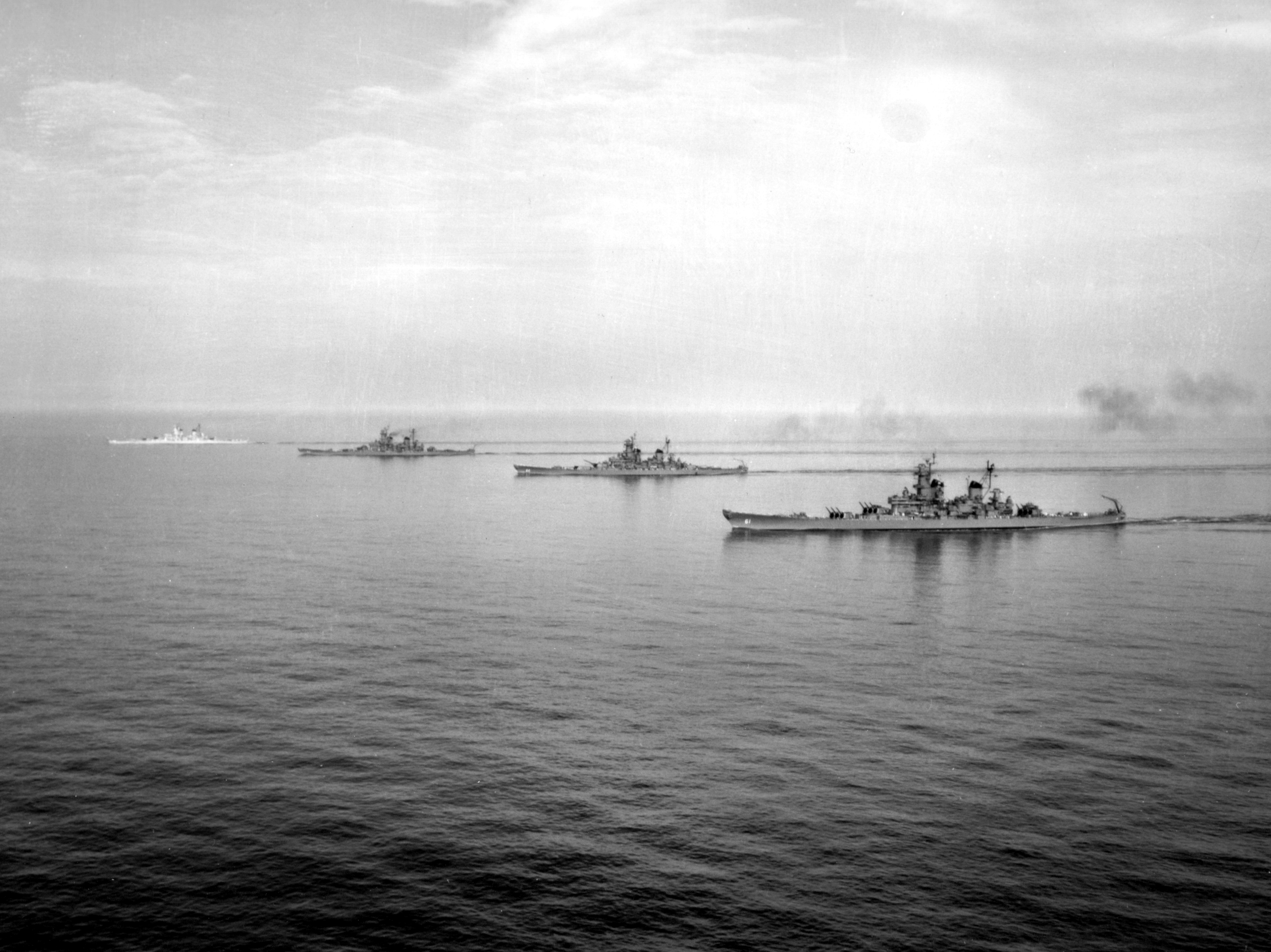 USS Iowa (foreground), USS Wisconsin, USS Missouri, and USS New Jersey (background) off the Virginia Capes, Virginia, United States, 7 Jun 1954