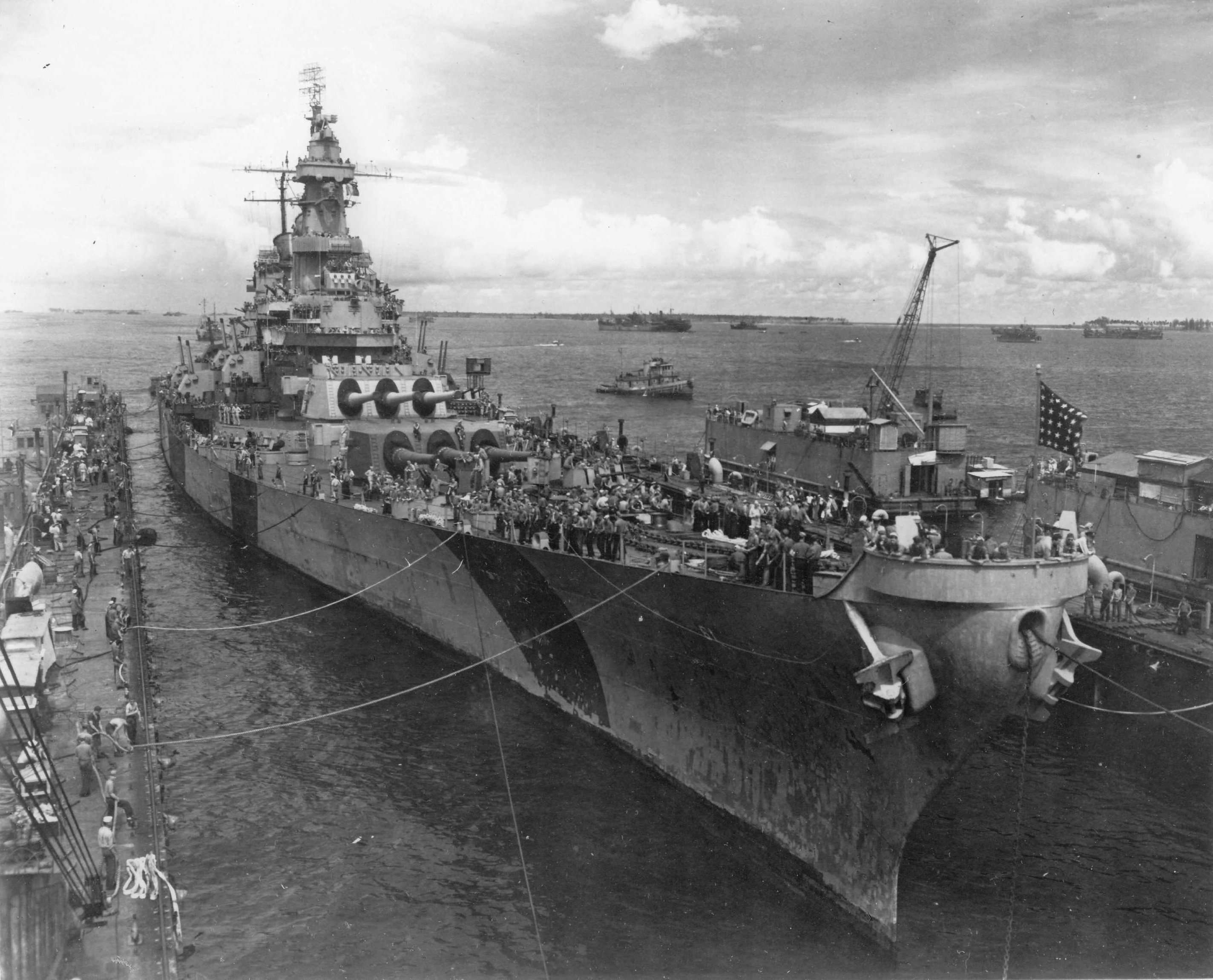 USS Iowa entering floating drydock ABSD-2 for temporary repairs, Seeadler Harbor, Manus, Admiralty Islands, 28 Dec 1944, photo 2 of 3