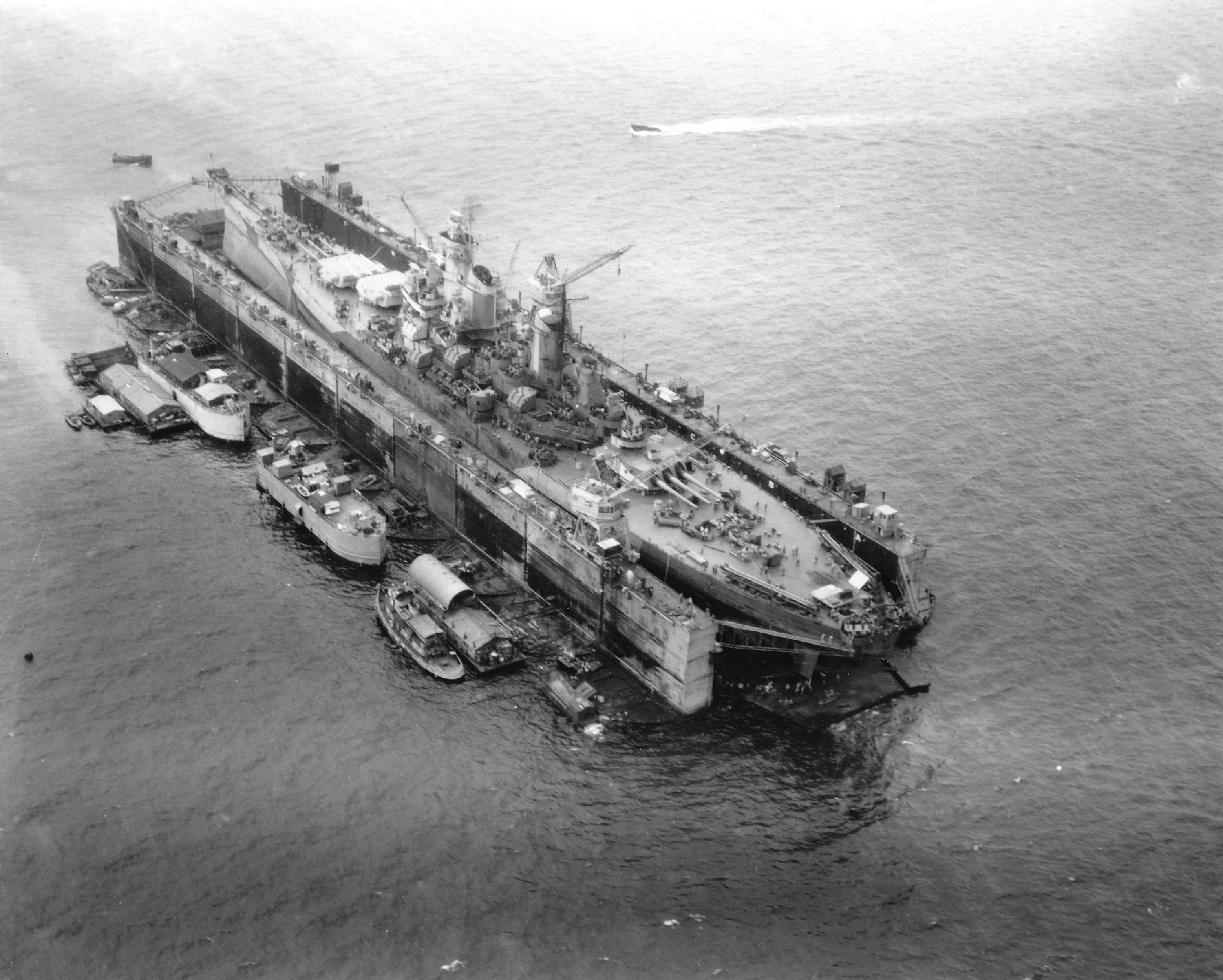 USS Iowa inside floating drydock ABSD-2, Seeadler Harbor, Manus, Admiralty Islands, 28 Dec 1944, photo 3 of 4