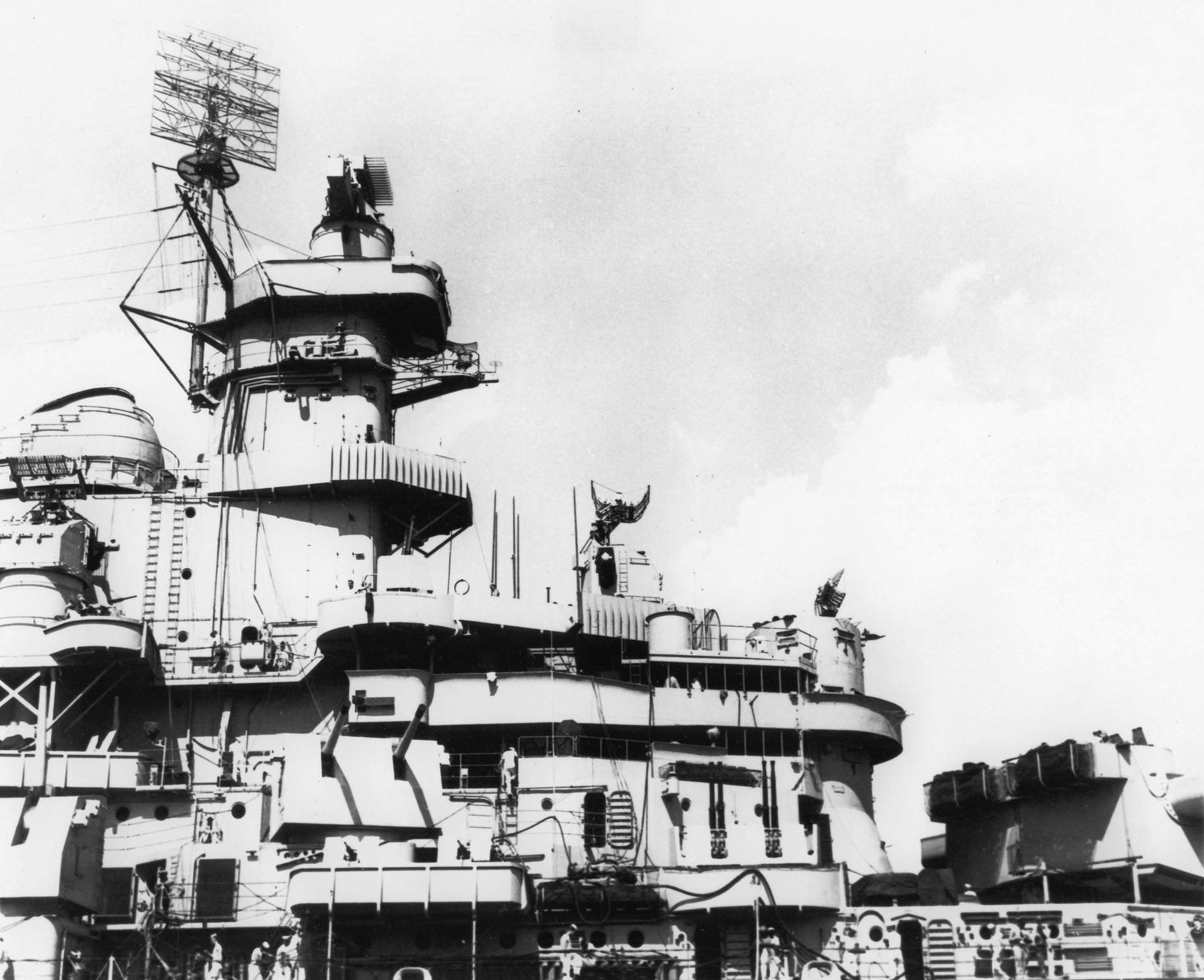 View of USS Iowa's superstructure, New York Navy Yard, New York, United States, 9 Jul 1943