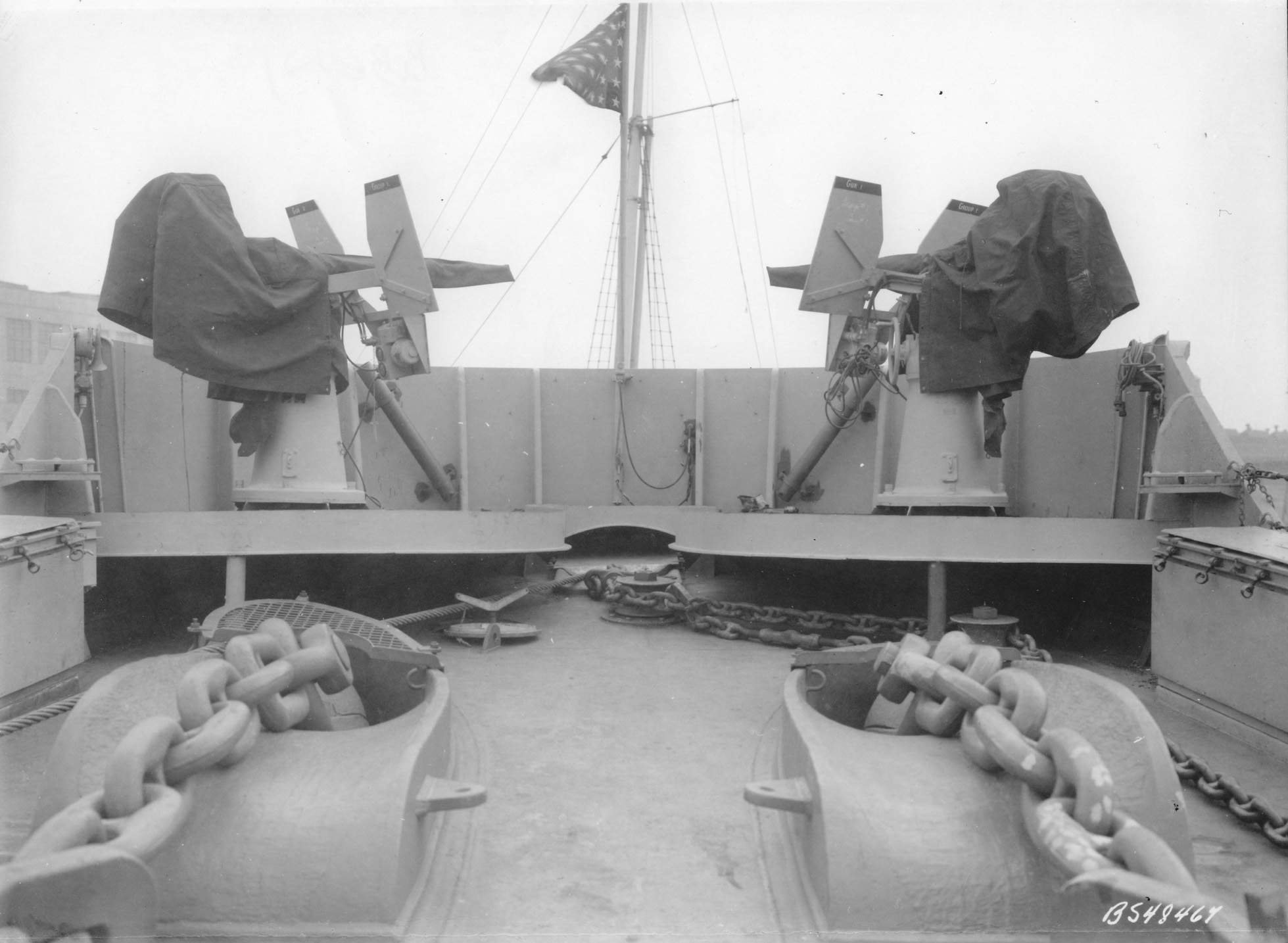 20mm Oerlikon mounts on the main deck at the bow of USS Iowa, New York Navy Yard, New York, United States, 9 Jul 1943