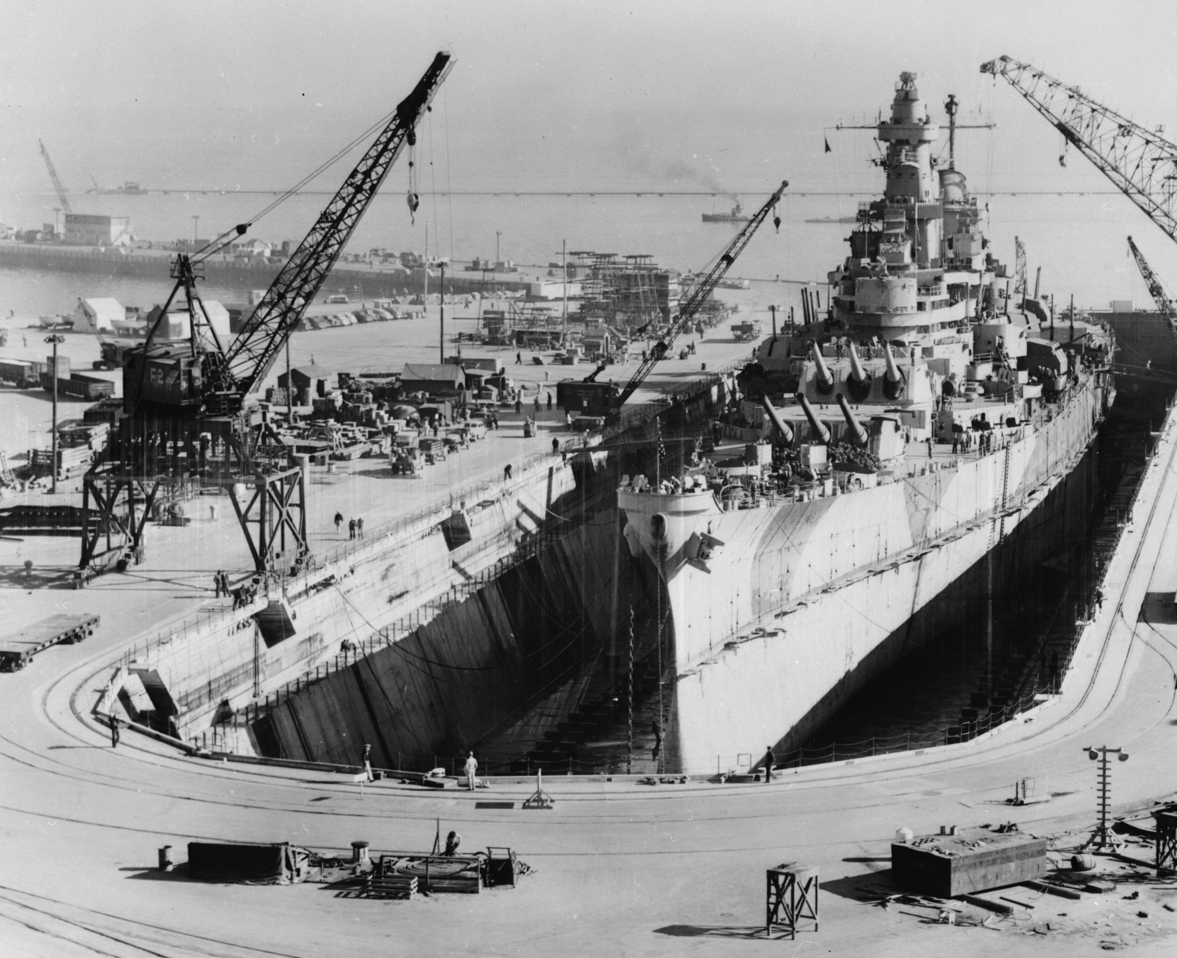 USS Iowa in drydock No. 4 at San Francisco Naval Shipyard, California, United States, Jan 1945
