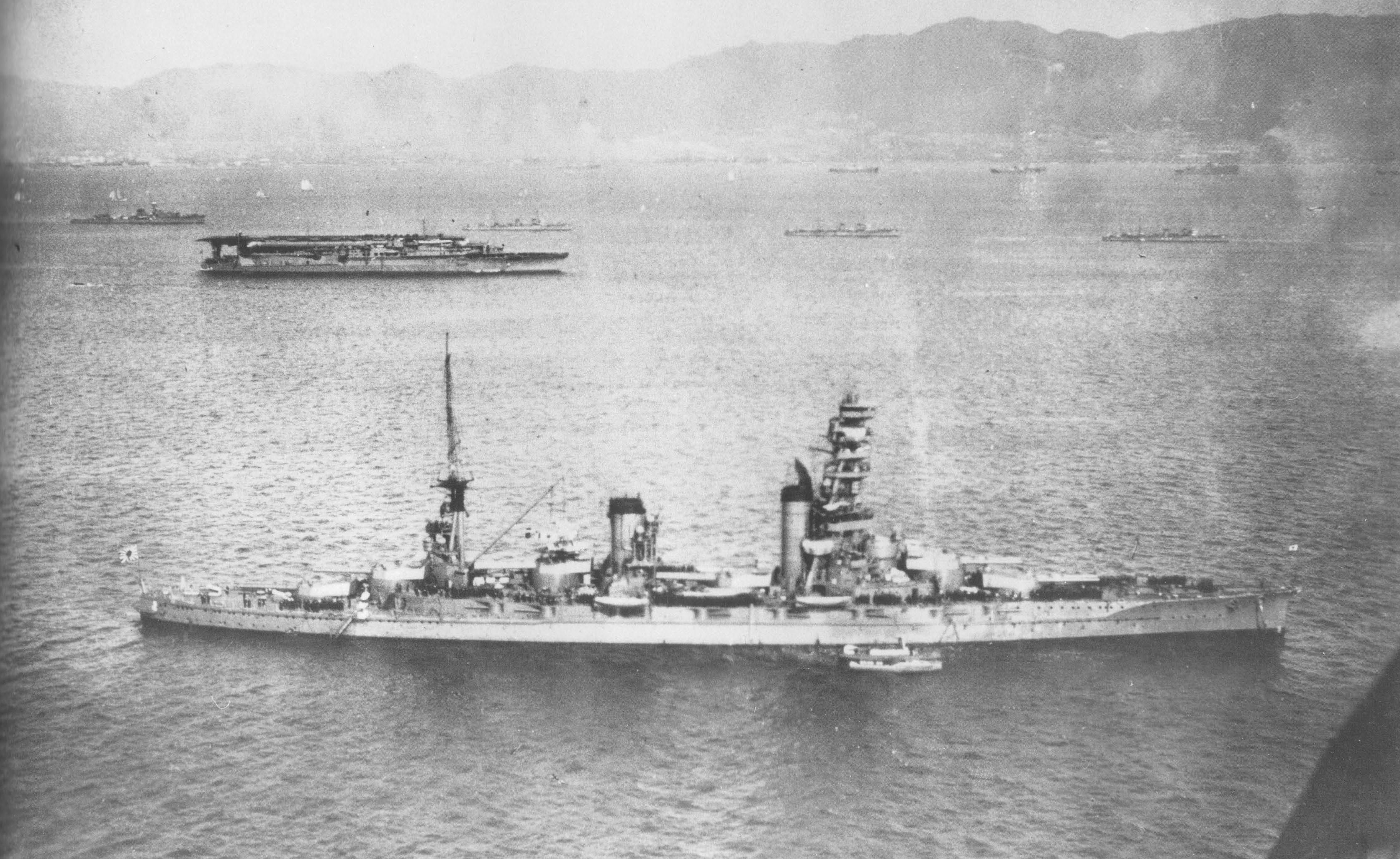Battleship Yamashiro and carrier Kaga in Kobe Bay, Japan, 22-23 Oct 1930; they were gathering for a fleet review