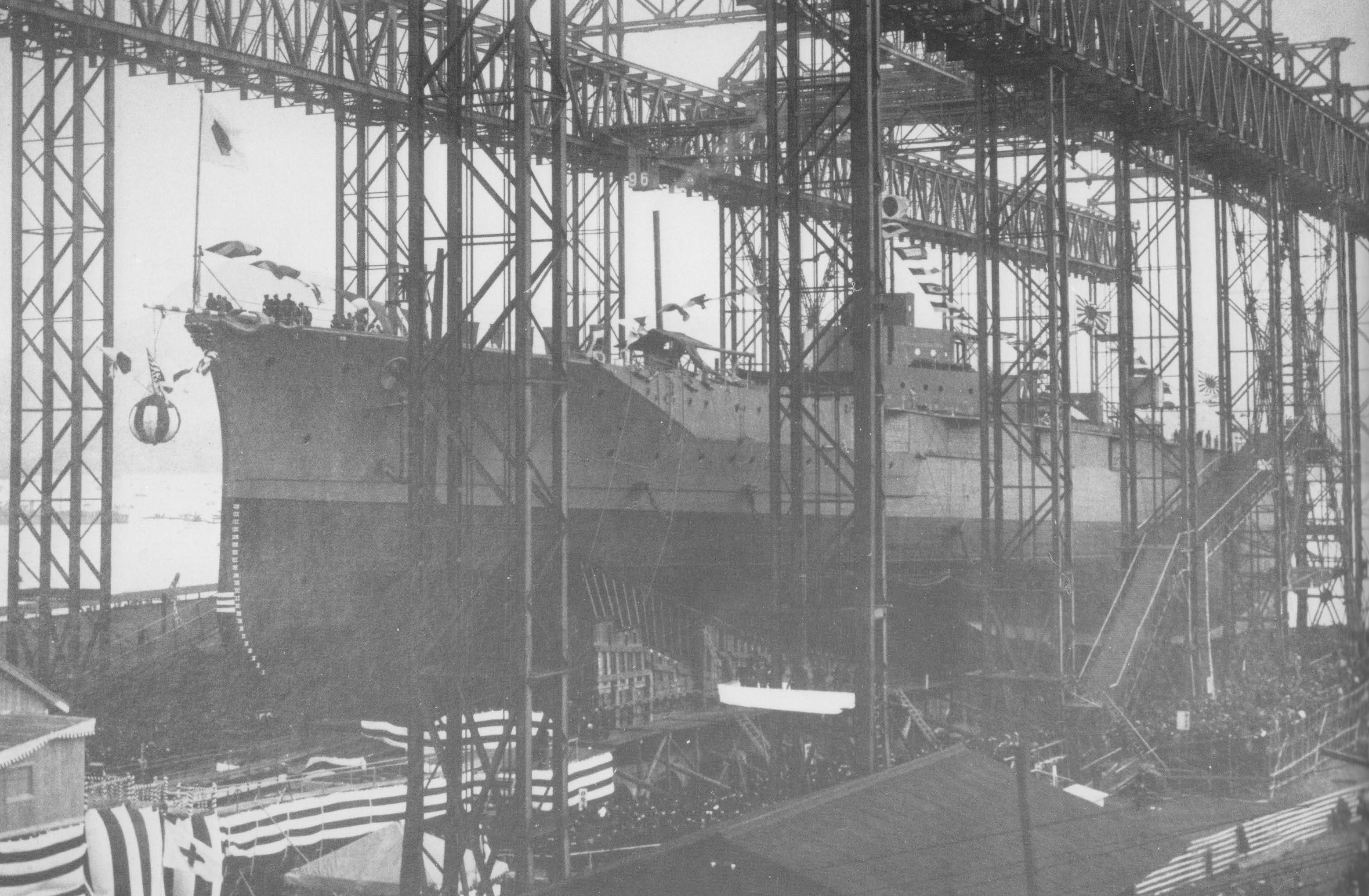 The launching of battlecruiser Kirishima at the Mitsubishi Naval Shipyard in Nagasaki, Japan, 1 Dec 1913