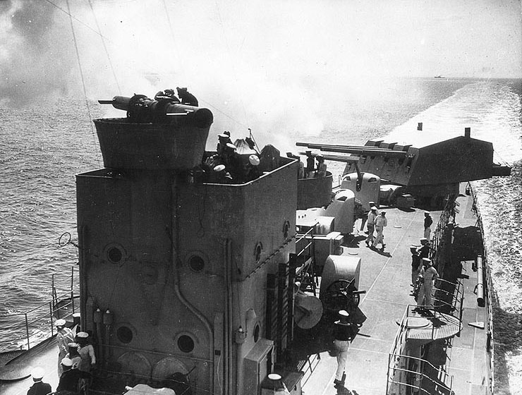 View looking aft on Königsberg from the port side searchlight platform while the ship was underway, circa 1930