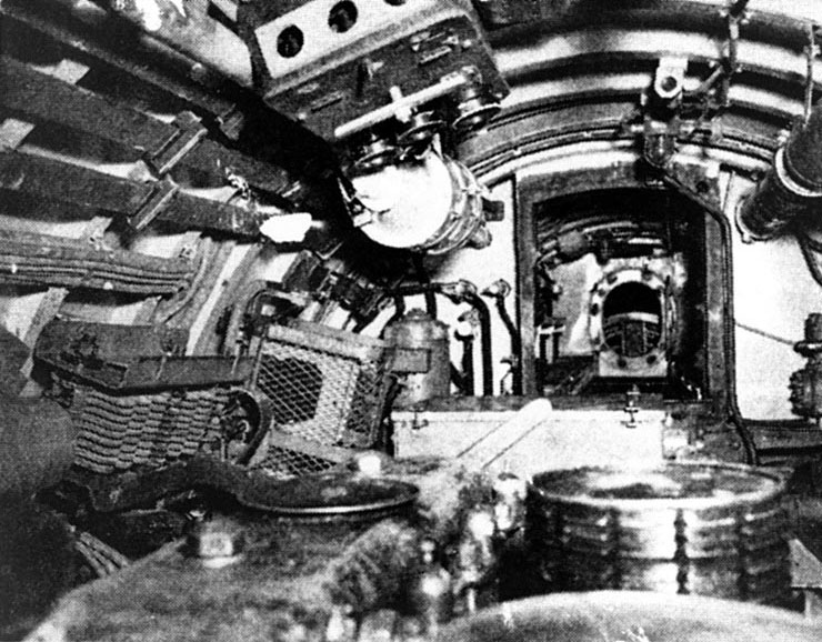 Engine room of a Koryu type submarine, looking aft, Oct-Dec 1945, copied from the U.S. Naval Technical Mission to Japan Report S-01-7, Jan 1946, pg 120, fig 131