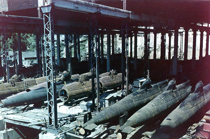 Koryu Type D submarines in an assembly shed at the Mitsubishi shipyard, Nagasaki, Japan, 17 Sep 1945