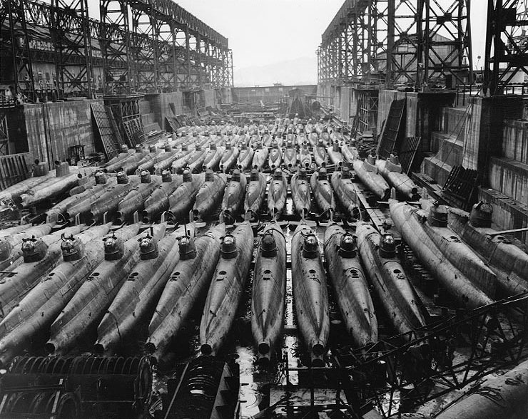 Koryu-class submarines, along with at least three other classes, at Kure Naval Arsenal, Japan, 19 Oct 1945, photo 1 of 2