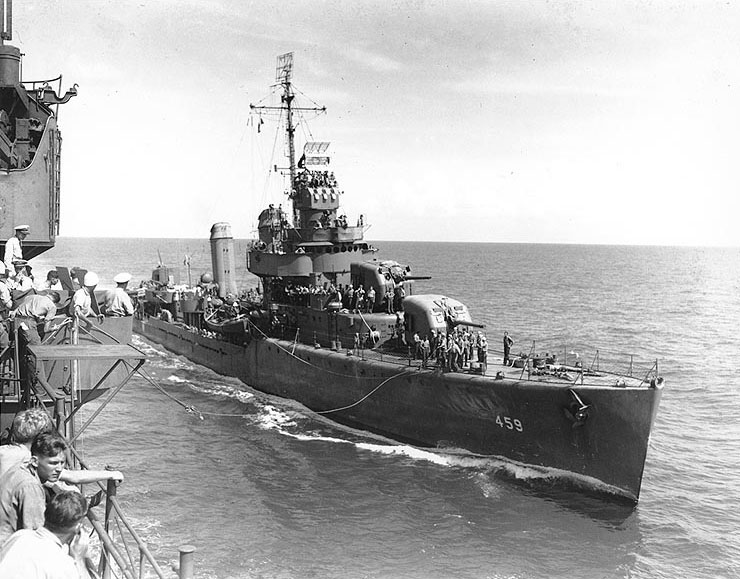 Laffey steaming alongside another American ship, South Pacific, 4 Sep 1942