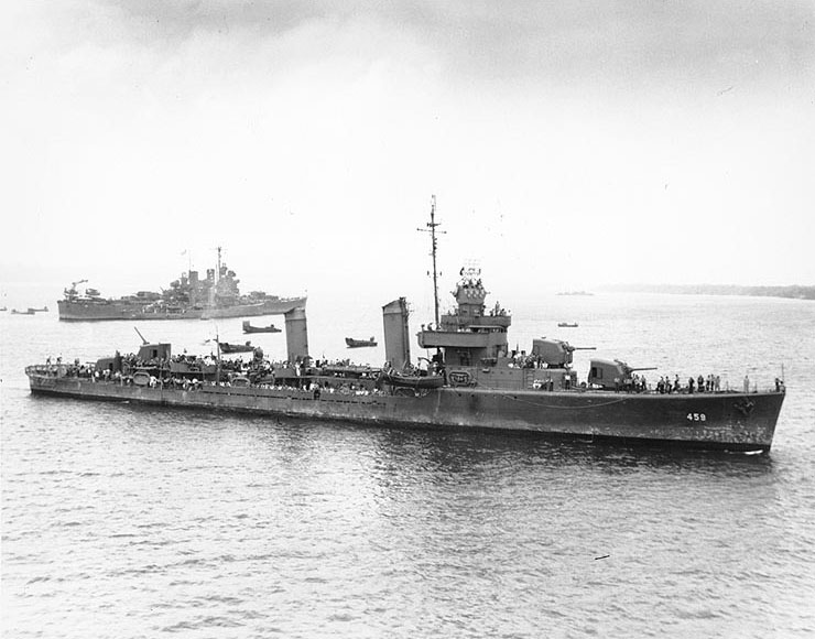 Laffey at Espiritu Santo, New Hebrides with survivors of Wasp on board, 16 Sep 1942; note Helena and a destroyer in background
