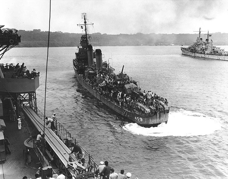 Destroyer USS Laffey (foreground) and cruiser USS Juneau in Luganville anchorage, Espiritu Santo, New Hebrides, 16 Sep 1942. Both ships arrived with survivors of the sunken USS Wasp (Wasp-class). Photo 1 of 4.