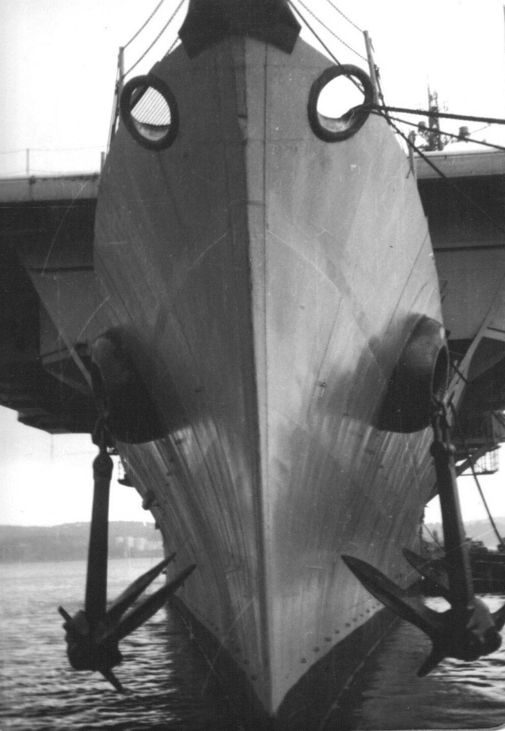 Close-up view of the bow of French carrier La Fayette, 1962