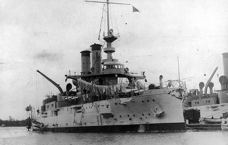 USS Mississippi (foreground) and USS Idaho (background) fitting out at William Cramp and Sons, Philadelphia, Pennsylvania, United States, 1907-1908