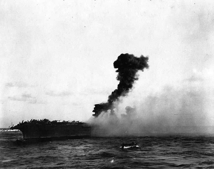 Explosion amidships aboard USS Lexington, 1727 on 8 May 1942, photo 1 of 3