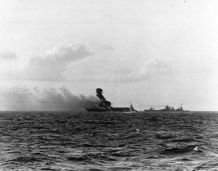 Explosion amidships aboard USS Lexington, 1727 on 8 May 1942, photo 2 of 3