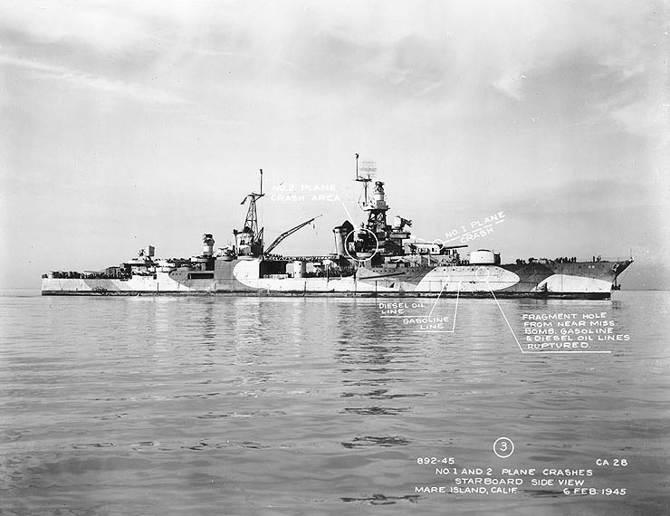 Louisville about to enter the Mare Island Navy Yard, California, United States for repairs, 6 Feb 1945; text on photograph denoted special attack damage sustained on 6 Jan 1945